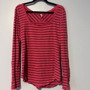 Free People Red Striped Long Sleeve Top Lace and Bead Sleeve.